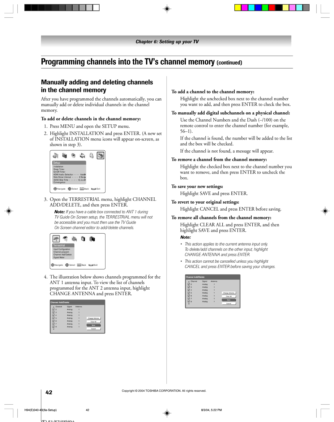 Toshiba 51H94 owner manual Manually adding and deleting channels in the channel memory 