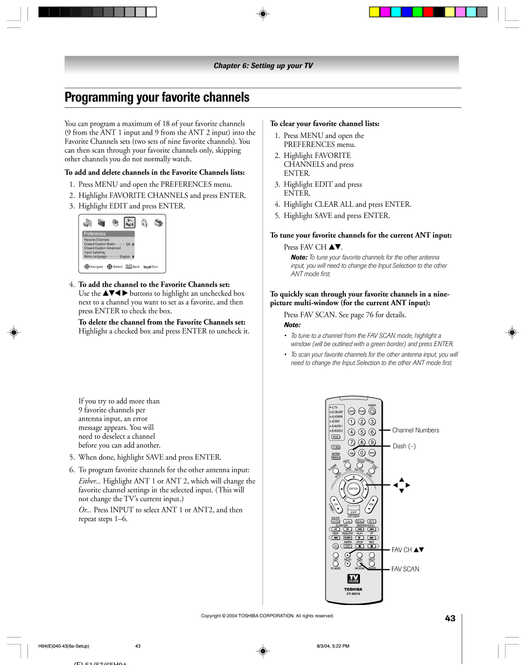 Toshiba 51H94 owner manual Programming your favorite channels, To add and delete channels in the Favorite Channels lists 