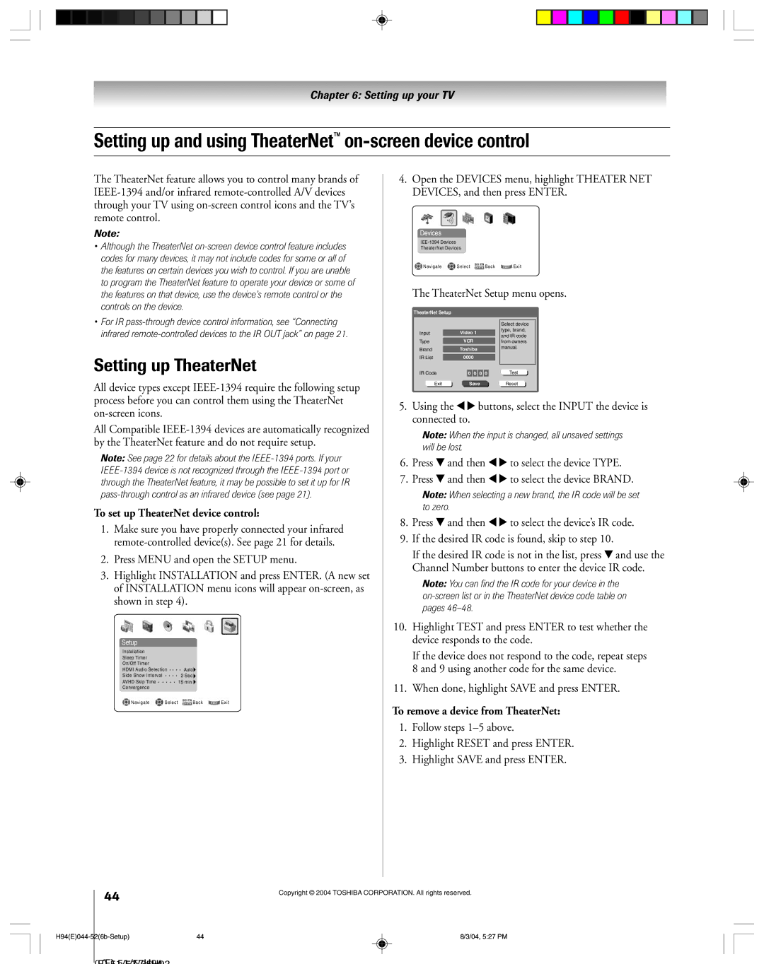 Toshiba 51H94 owner manual Setting up and using TheaterNet on-screen device control, Setting up TheaterNet 