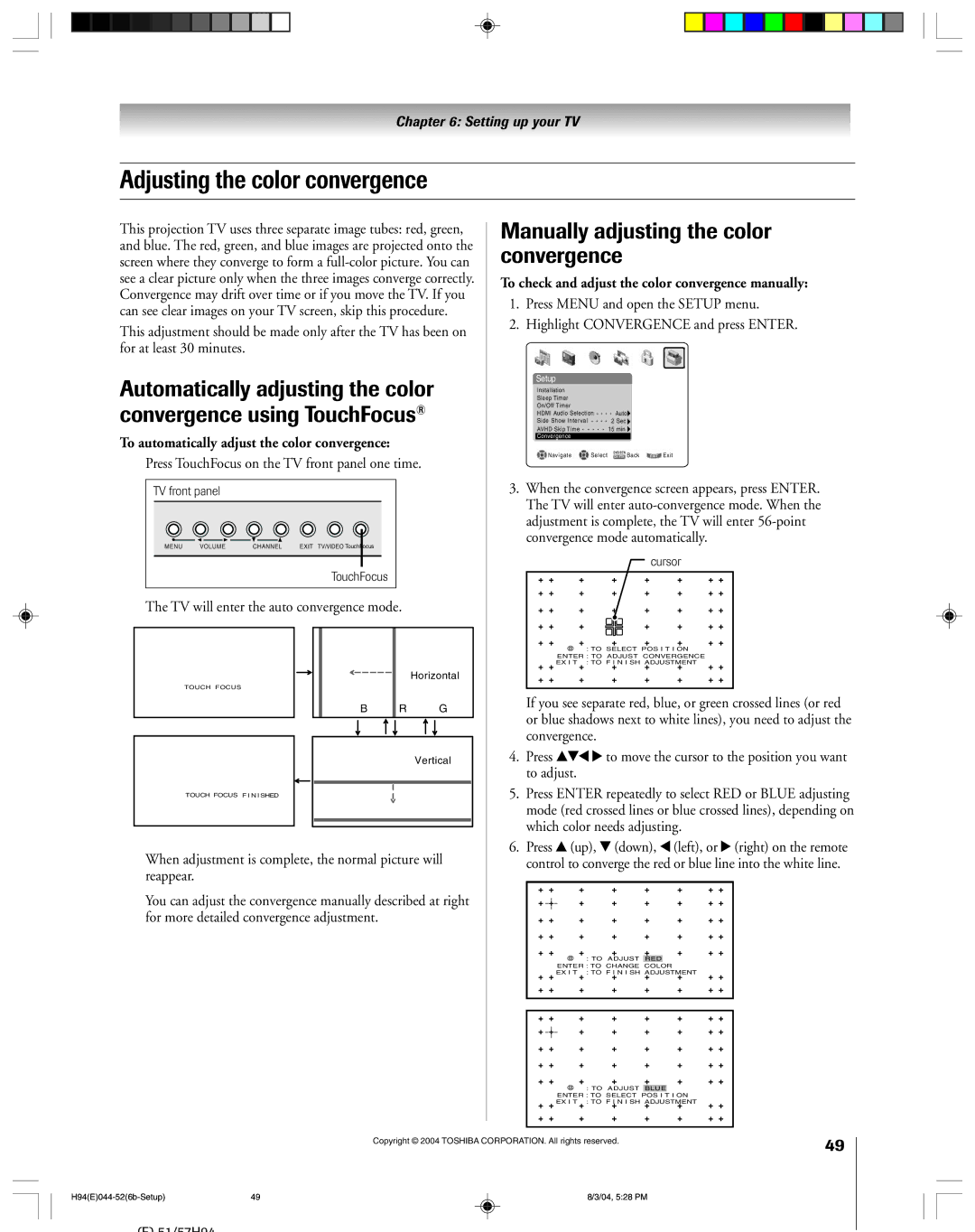 Toshiba 51H94 owner manual Adjusting the color convergence, Manually adjusting the color, Convergence using TouchFocus 