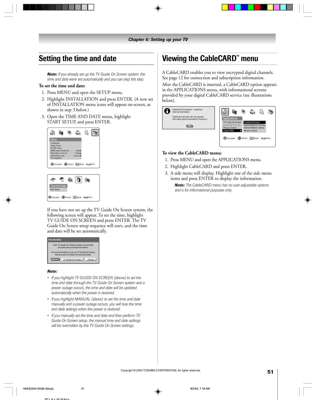 Toshiba 51H94 Setting the time and date, Viewing the CableCARD menu, To set the time and date, To view the CableCARD menu 