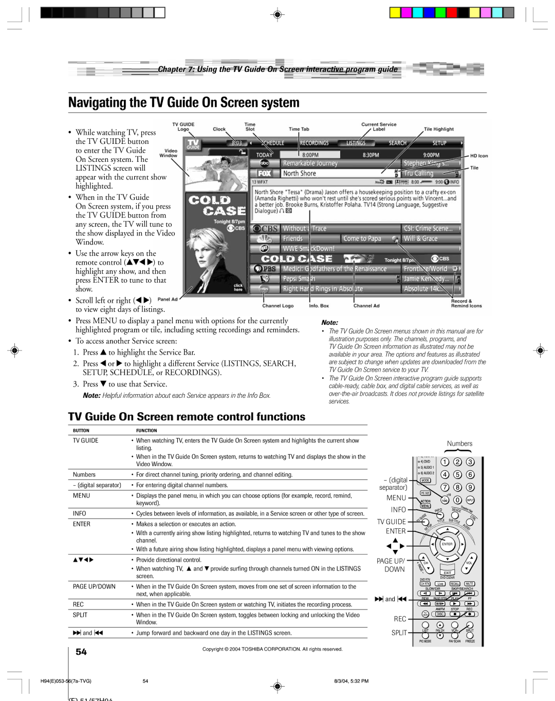 Toshiba 51H94 owner manual Navigating the TV Guide On Screen system, TV Guide On Screen remote control functions 