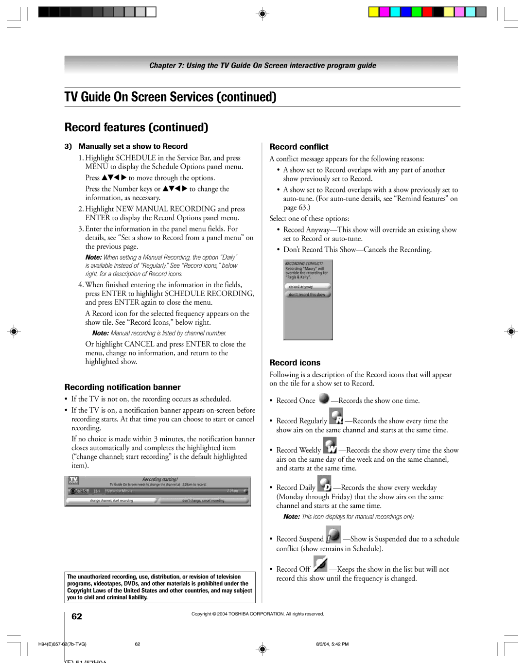 Toshiba 51H94 owner manual Recording notification banner, Manually set a show to Record 