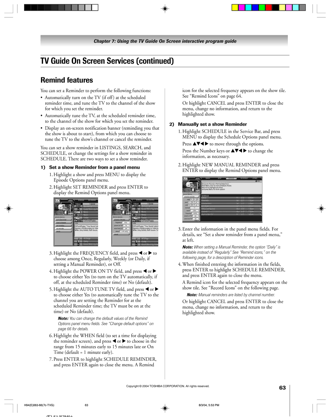 Toshiba 51H94 owner manual Remind features, Set a show Reminder from a panel menu, Manually set a show Reminder 