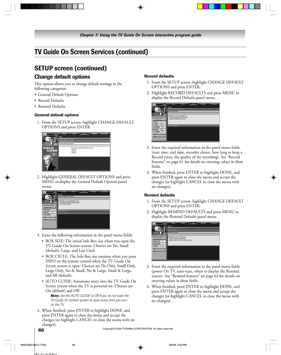 Toshiba 51H94 owner manual Change default options, Changes, General default options, Record defaults, Remind defaults 