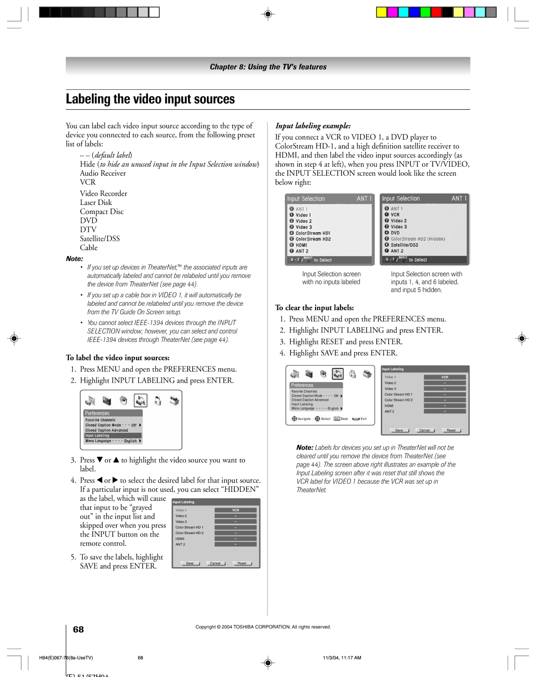 Toshiba 51H94 owner manual Labeling the video input sources, To label the video input sources, To clear the input labels 