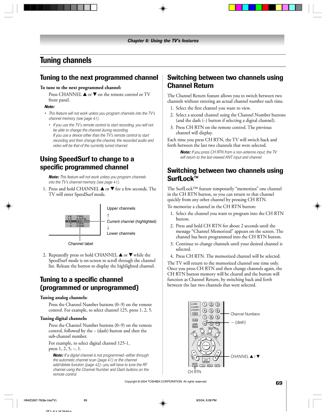 Toshiba 51H94 Tuning channels, Tuning to the next programmed channel, Switching between two channels using Channel Return 