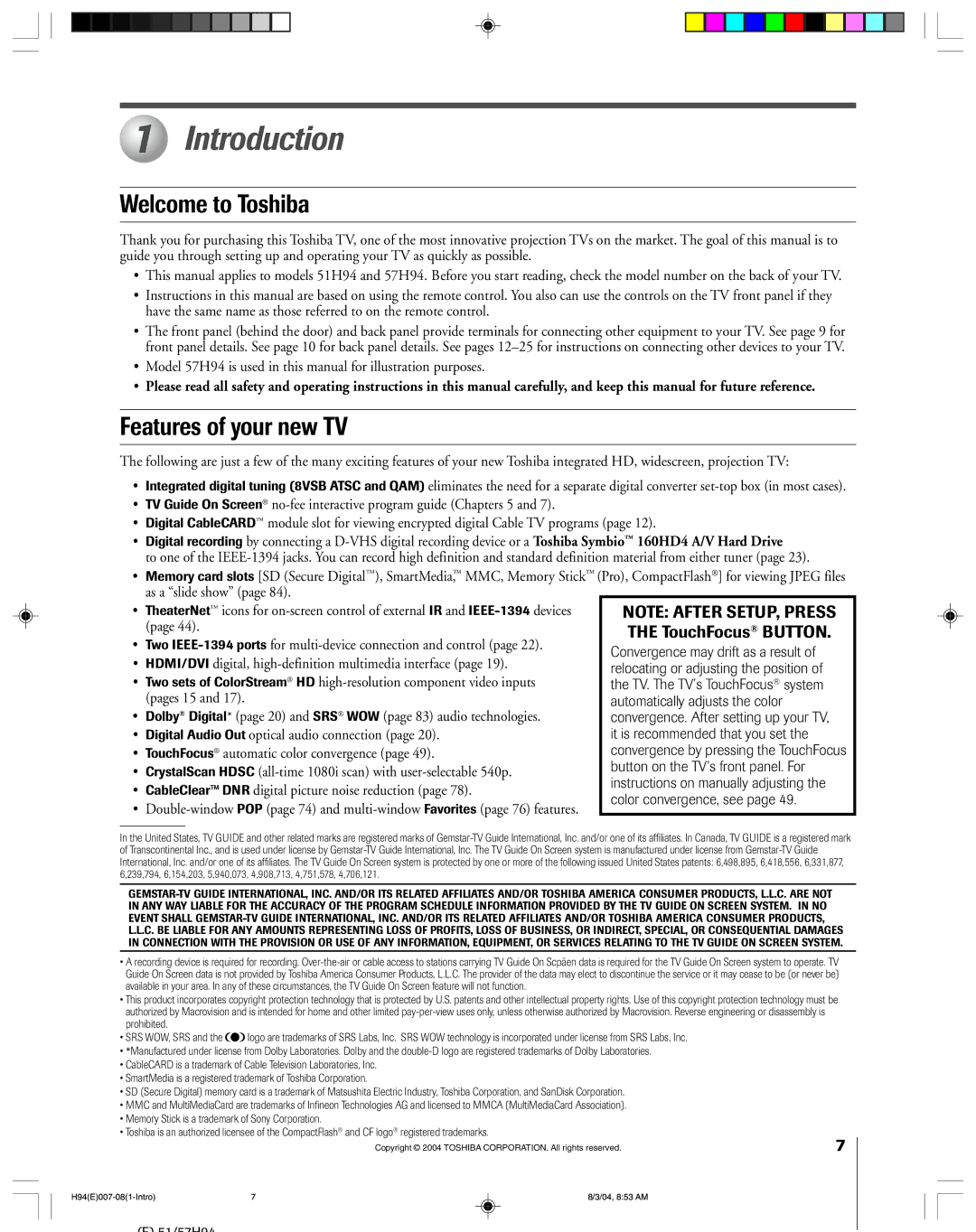 Toshiba 51H94 owner manual Introduction, Welcome to Toshiba, Features of your new TV 