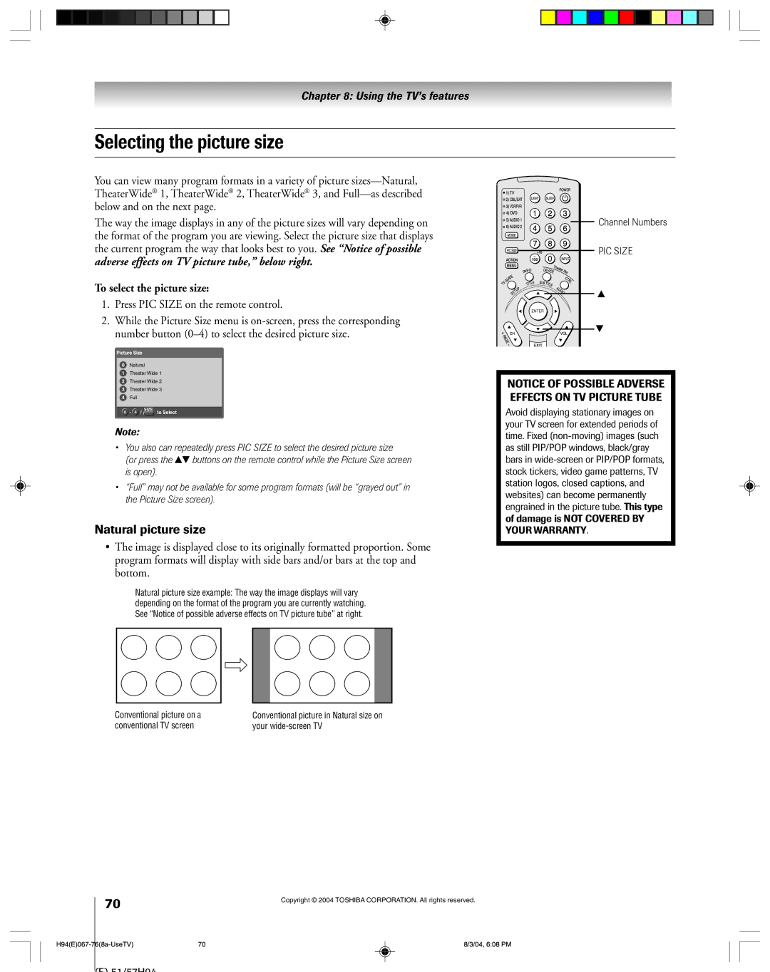 Toshiba 51H94 owner manual Selecting the picture size, To select the picture size, Press PIC Size on the remote control 