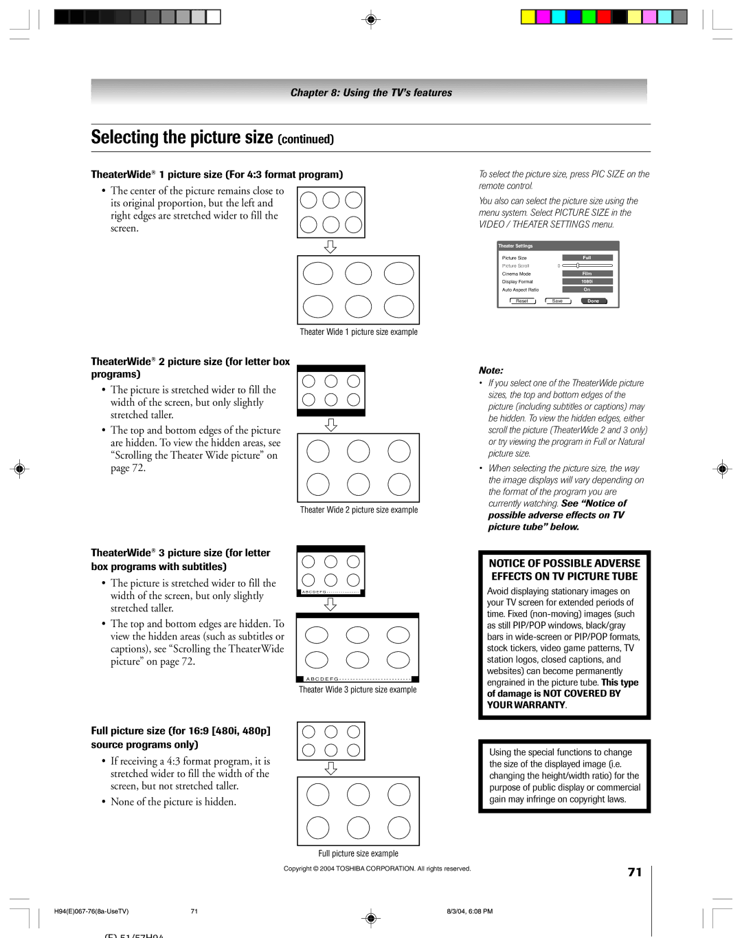 Toshiba 51H94 owner manual ¥ None of the picture is hidden, TheaterWide 1 picture size For 43 format program 