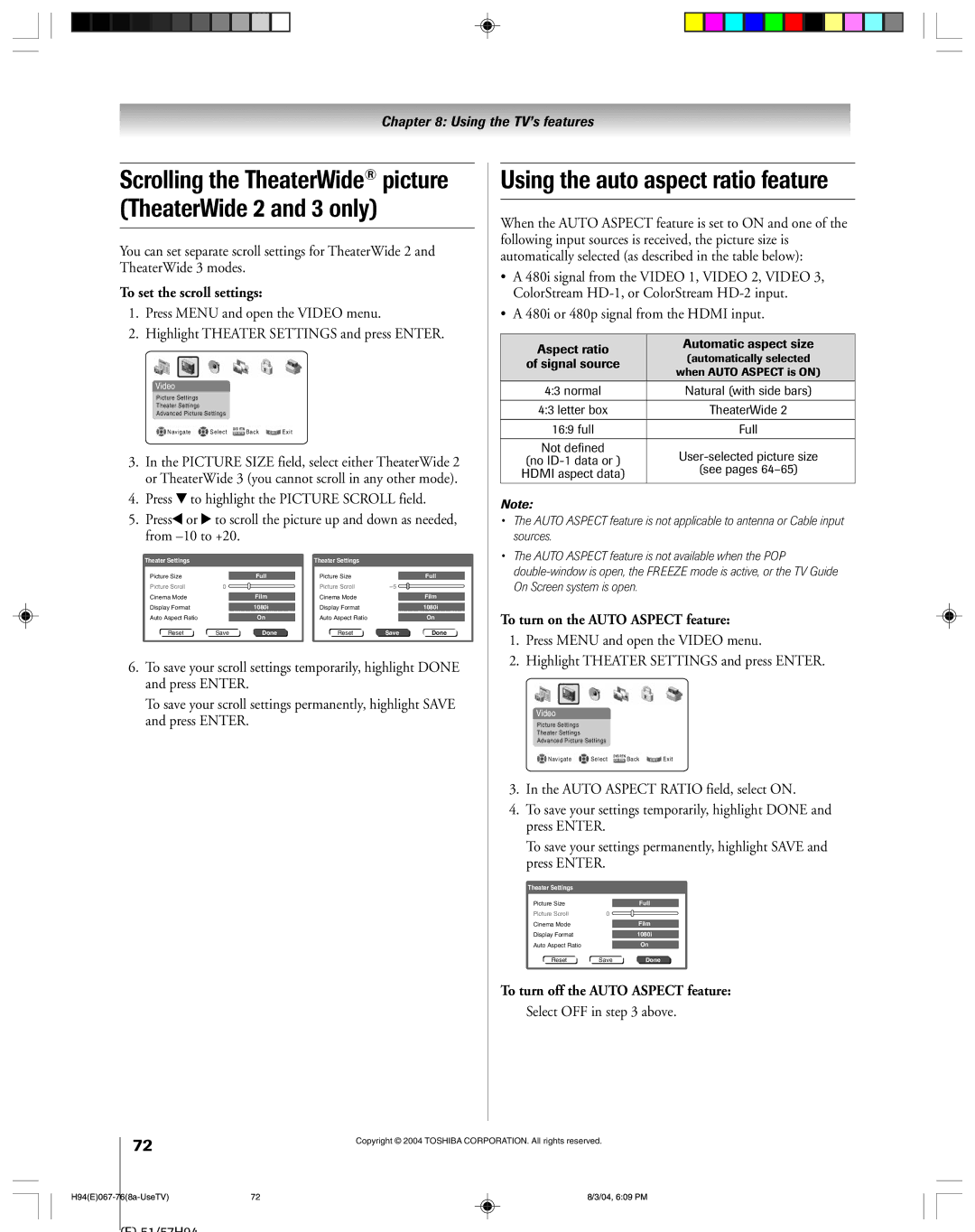 Toshiba 51H94 owner manual Using the auto aspect ratio feature, Scrolling the TheaterWide picture TheaterWide 2 and 3 only 