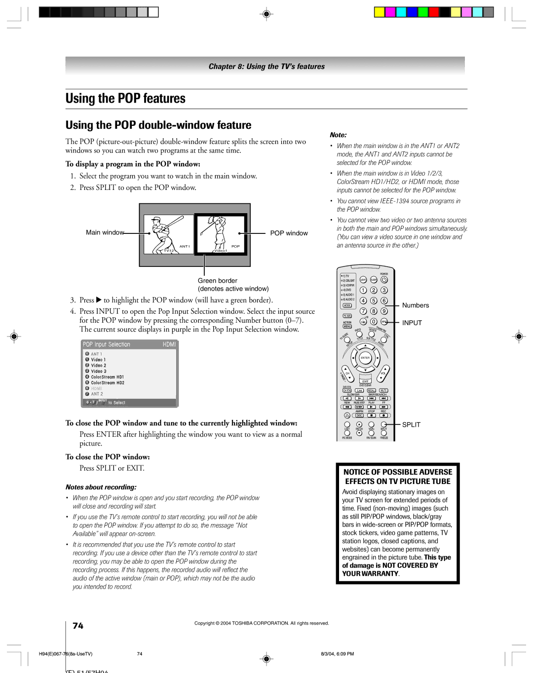 Toshiba 51H94 Using the POP features, Using the POP double-window feature, To display a program in the POP window 