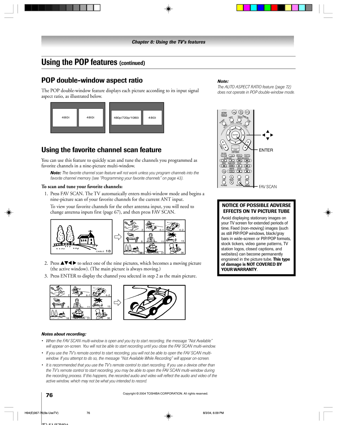 Toshiba 51H94 owner manual POP double-window aspect ratio, Using the favorite channel scan feature, FAV Scan 