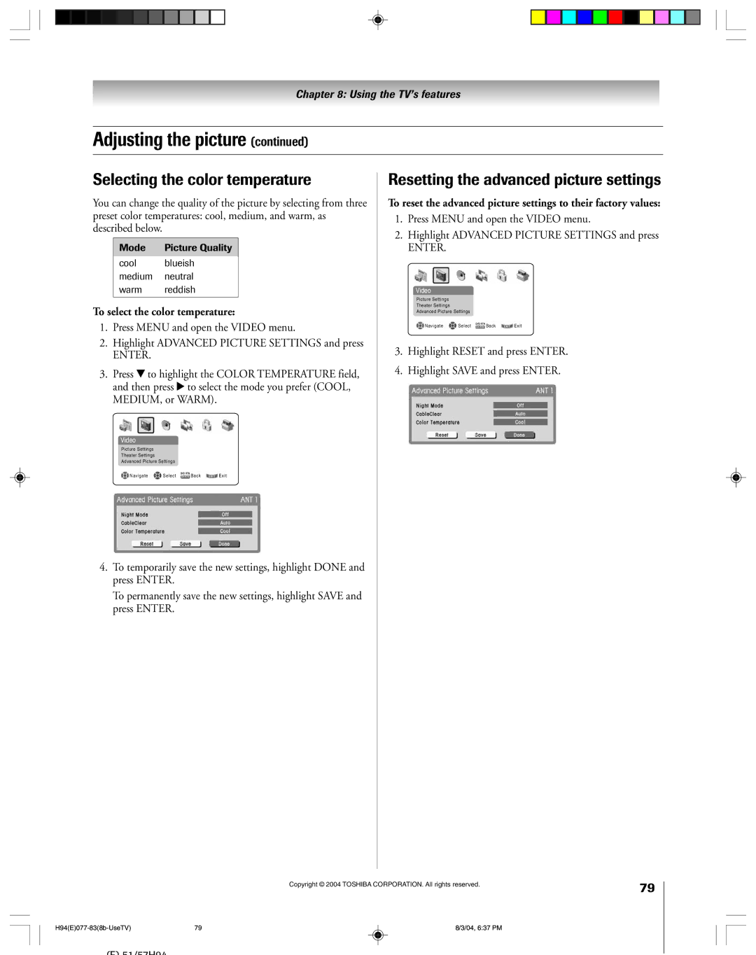 Toshiba 51H94 Selecting the color temperature, Resetting the advanced picture settings, To select the color temperature 