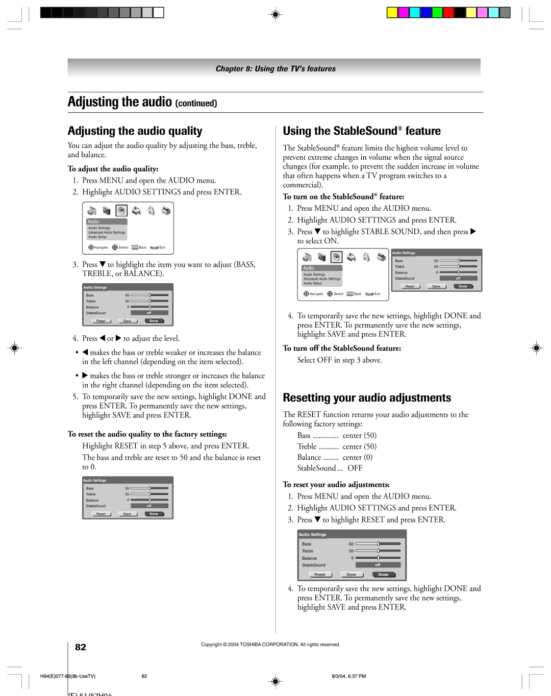 Toshiba 51H94 owner manual Adjusting the audio quality, Using the StableSound feature, Resetting your audio adjustments 