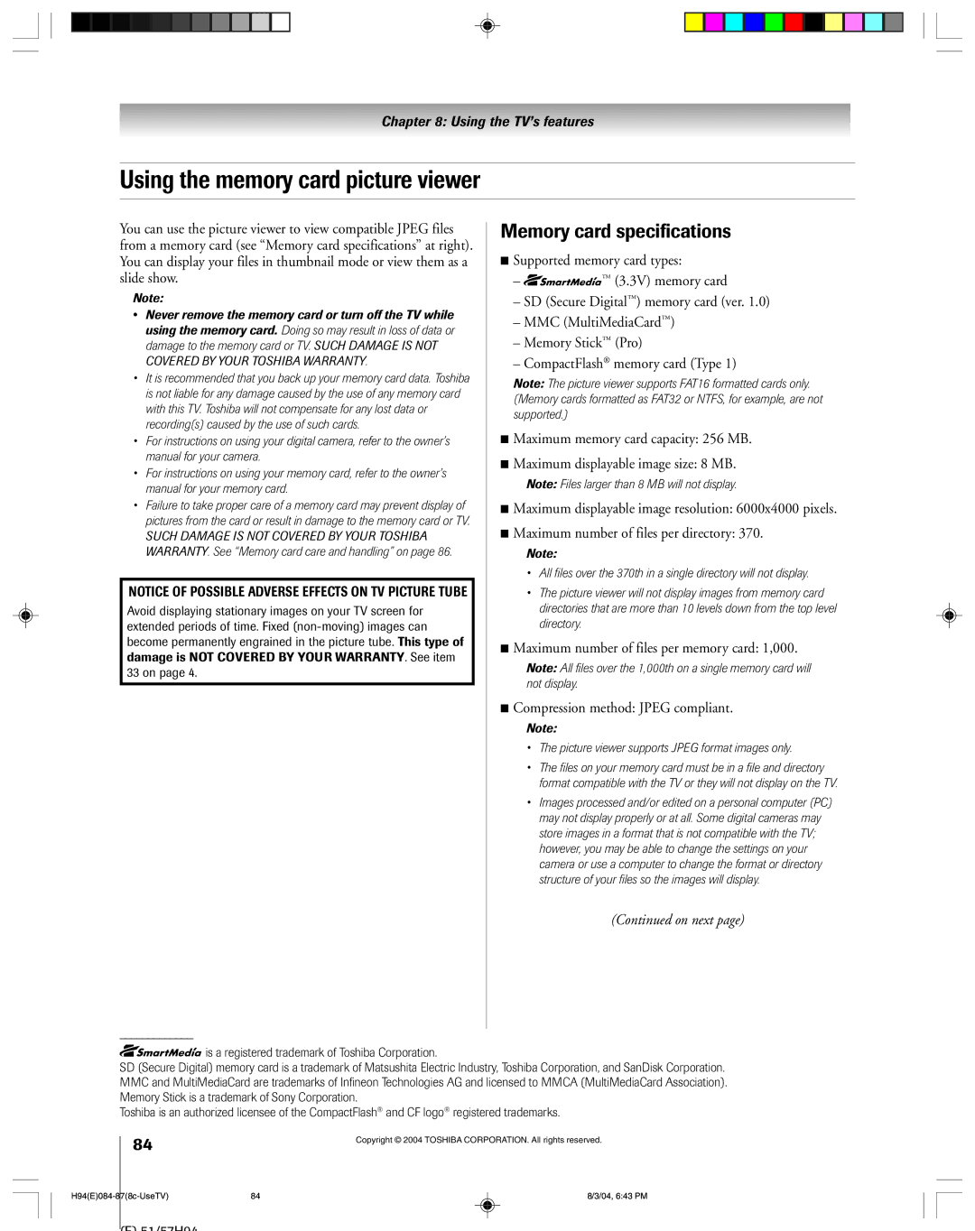 Toshiba 51H94 owner manual Using the memory card picture viewer, Memory card specifications 