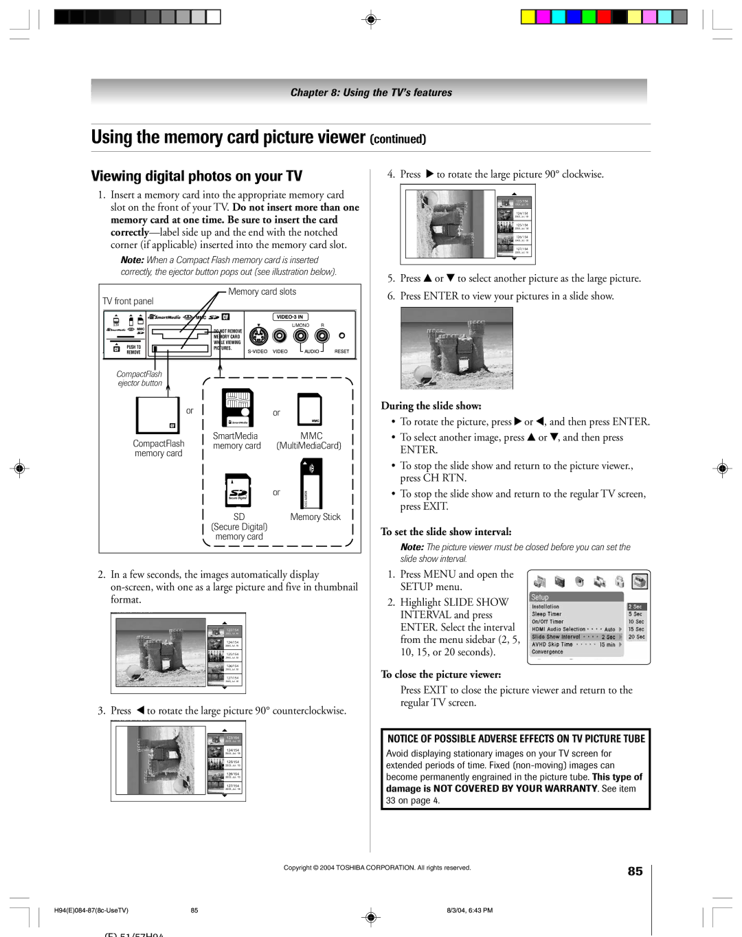 Toshiba 51H94 owner manual Viewing digital photos on your TV, During the slide show, To set the slide show interval 