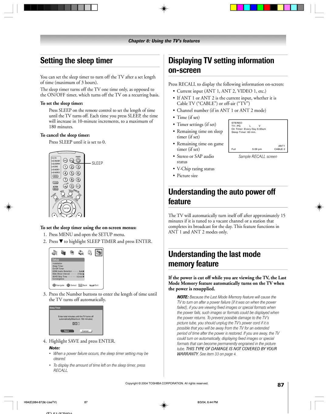 Toshiba 51H94 owner manual Setting the sleep timer, Displaying TV setting information on-screen 