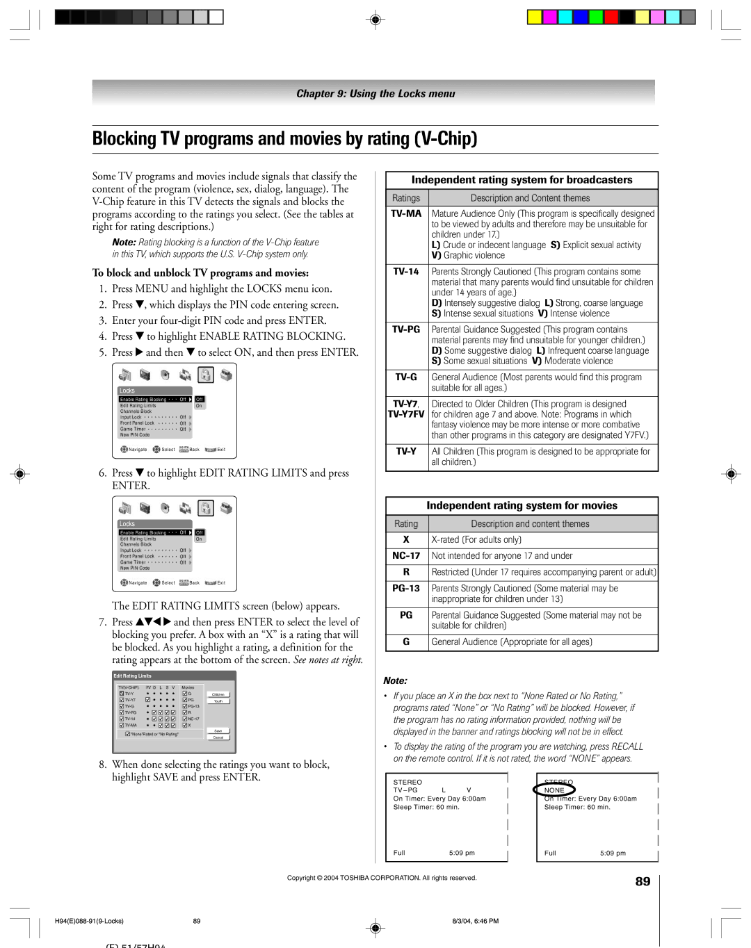 Toshiba 51H94 owner manual Blocking TV programs and movies by rating V-Chip, To block and unblock TV programs and movies 