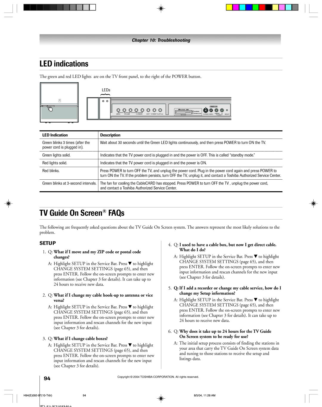 Toshiba 51H94 owner manual LED indications, TV Guide On Screen FAQs, LED Indication Description 