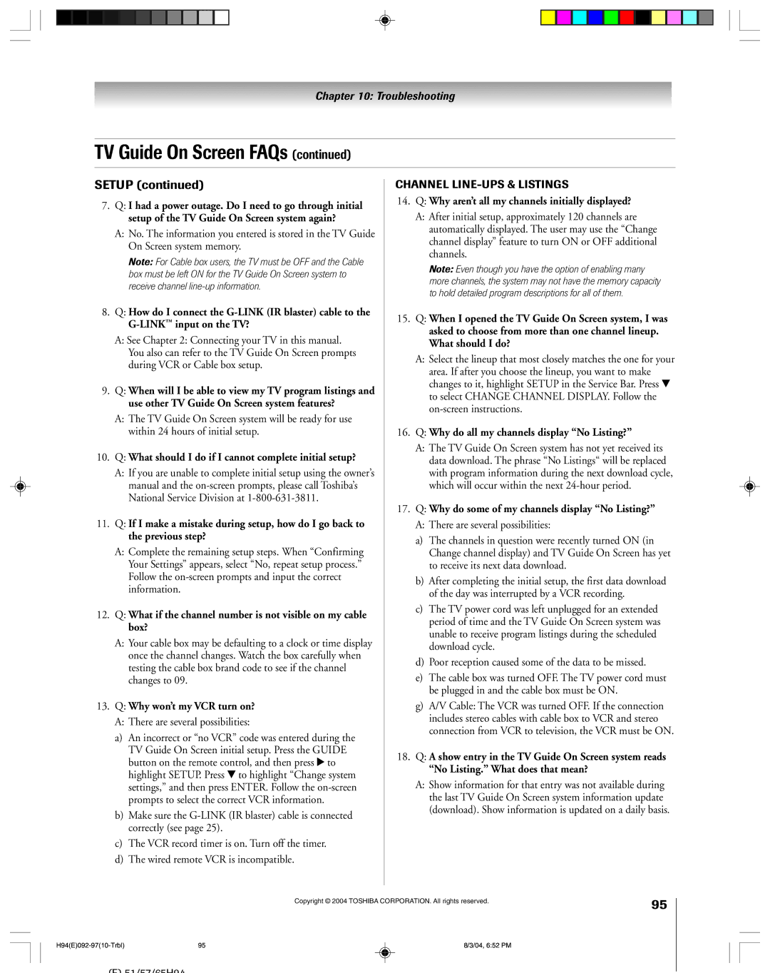 Toshiba 51H94 owner manual Setup 