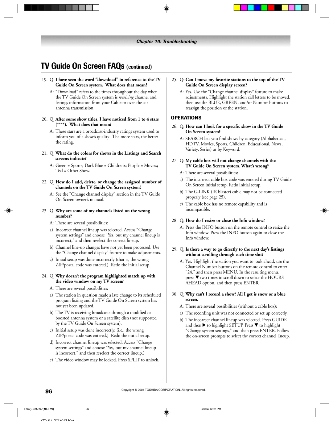 Toshiba 51H94 owner manual How do I resize or close the Info window? 