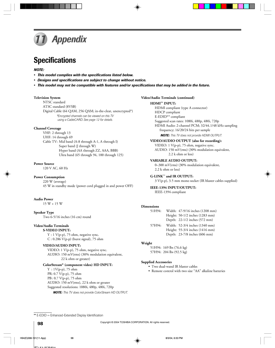 Toshiba 51H94 owner manual Appendix, Specifications 