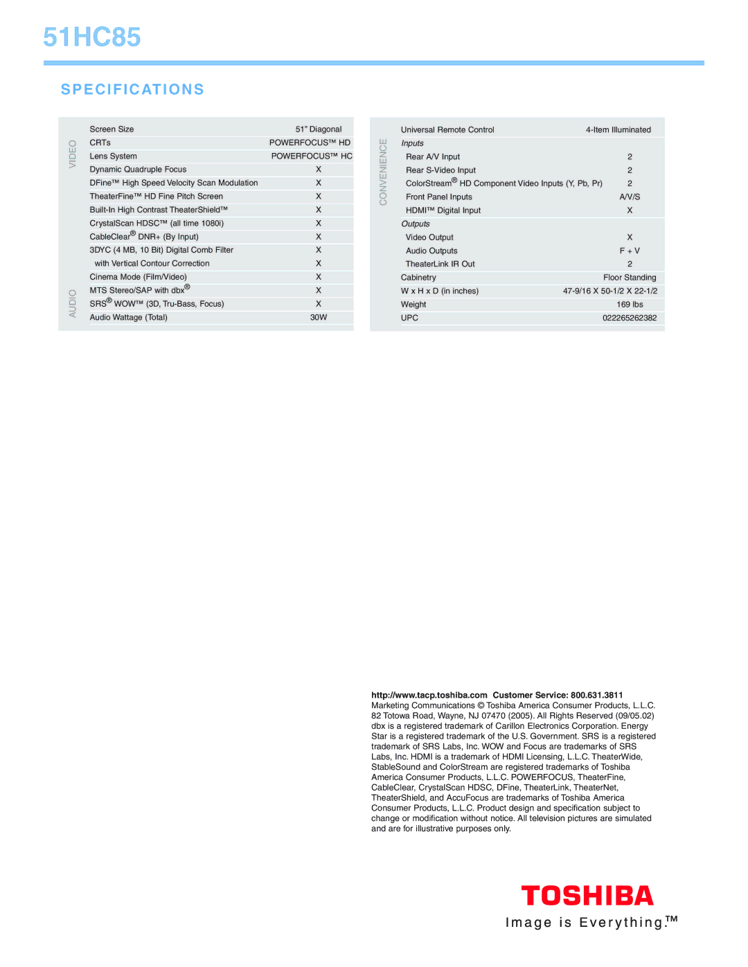 Toshiba 51HC85 manual Specifications, Video Audio, Inputs, Outputs 