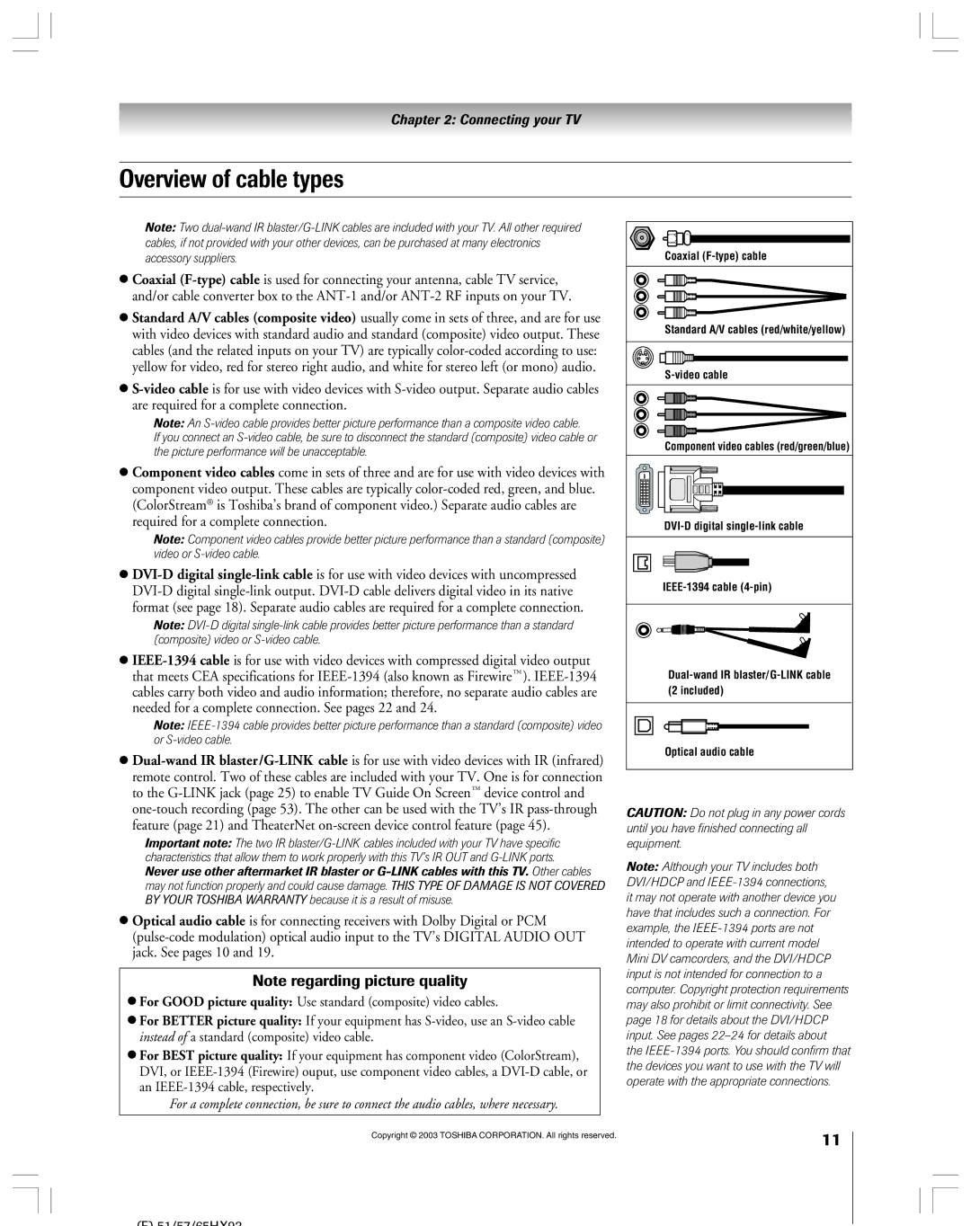 Toshiba 51HX93 owner manual Overview of cable types 