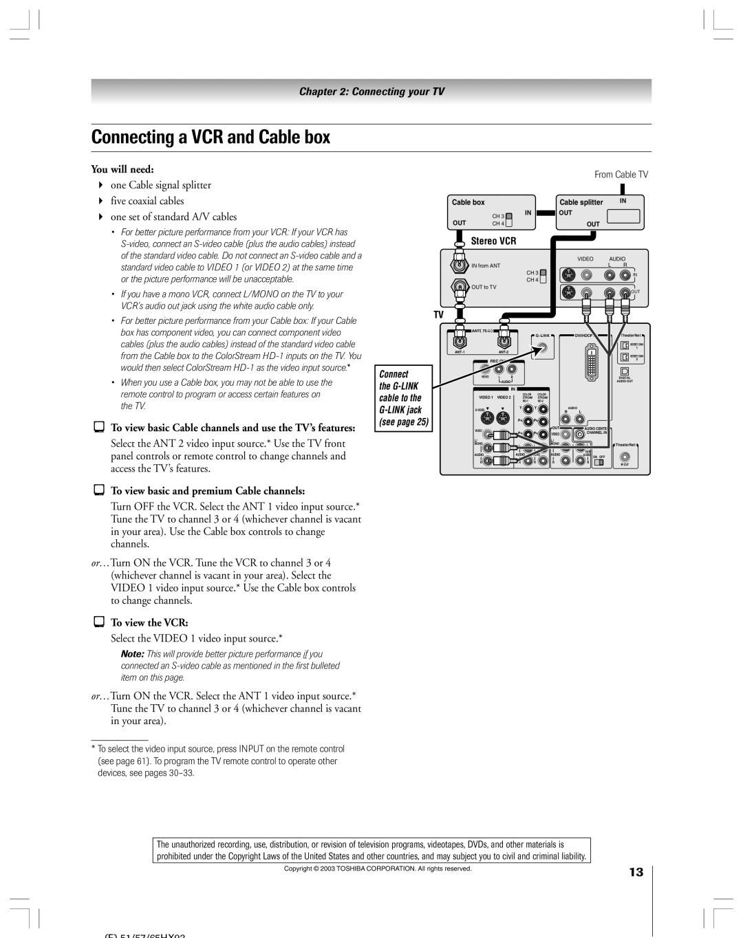 Toshiba 51HX93 owner manual Connecting a VCR and Cable box, To view basic and premium Cable channels, From Cable TV 