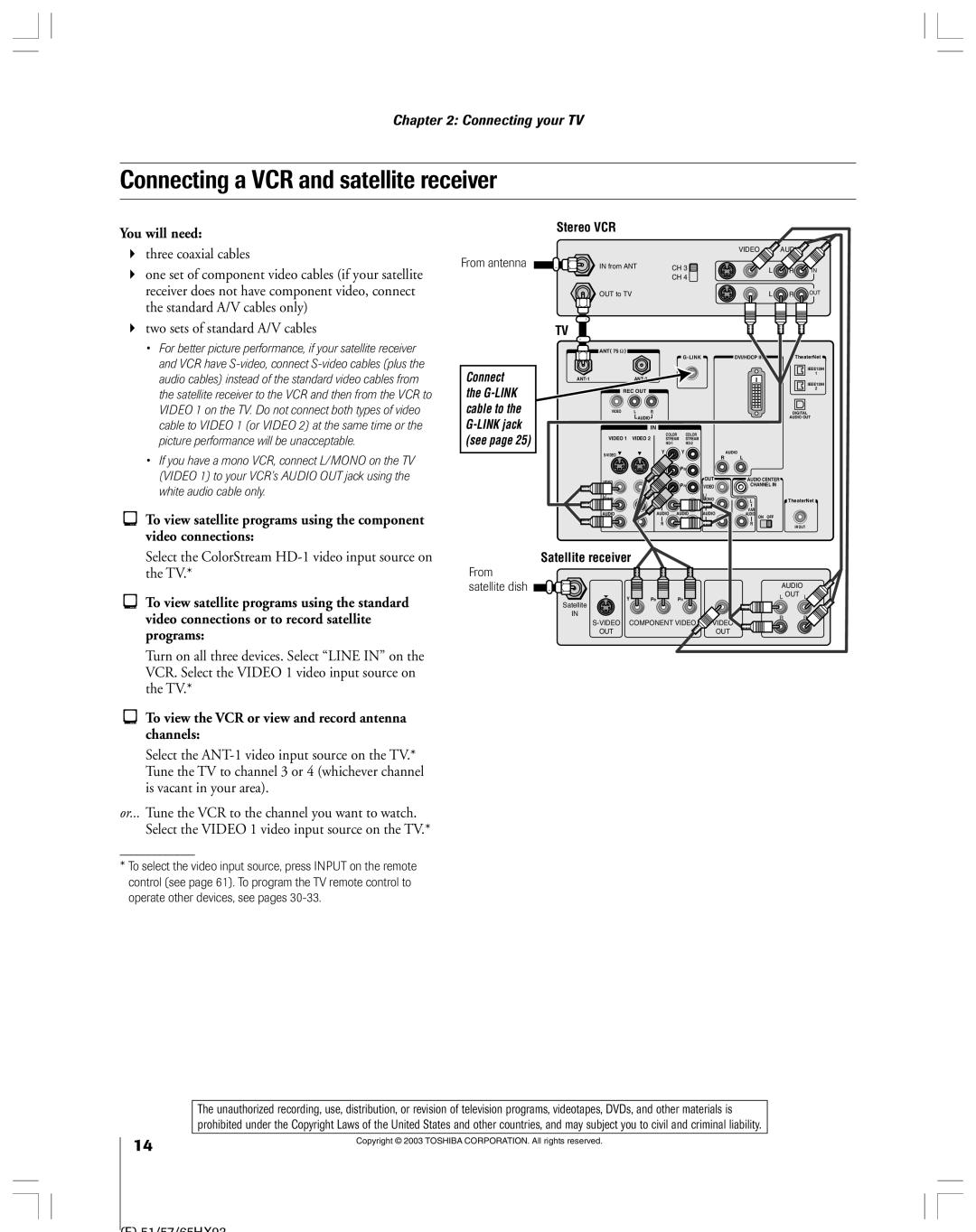 Toshiba 51HX93 Connecting a VCR and satellite receiver, Select the ColorStream HD-1 video input source on the TV 