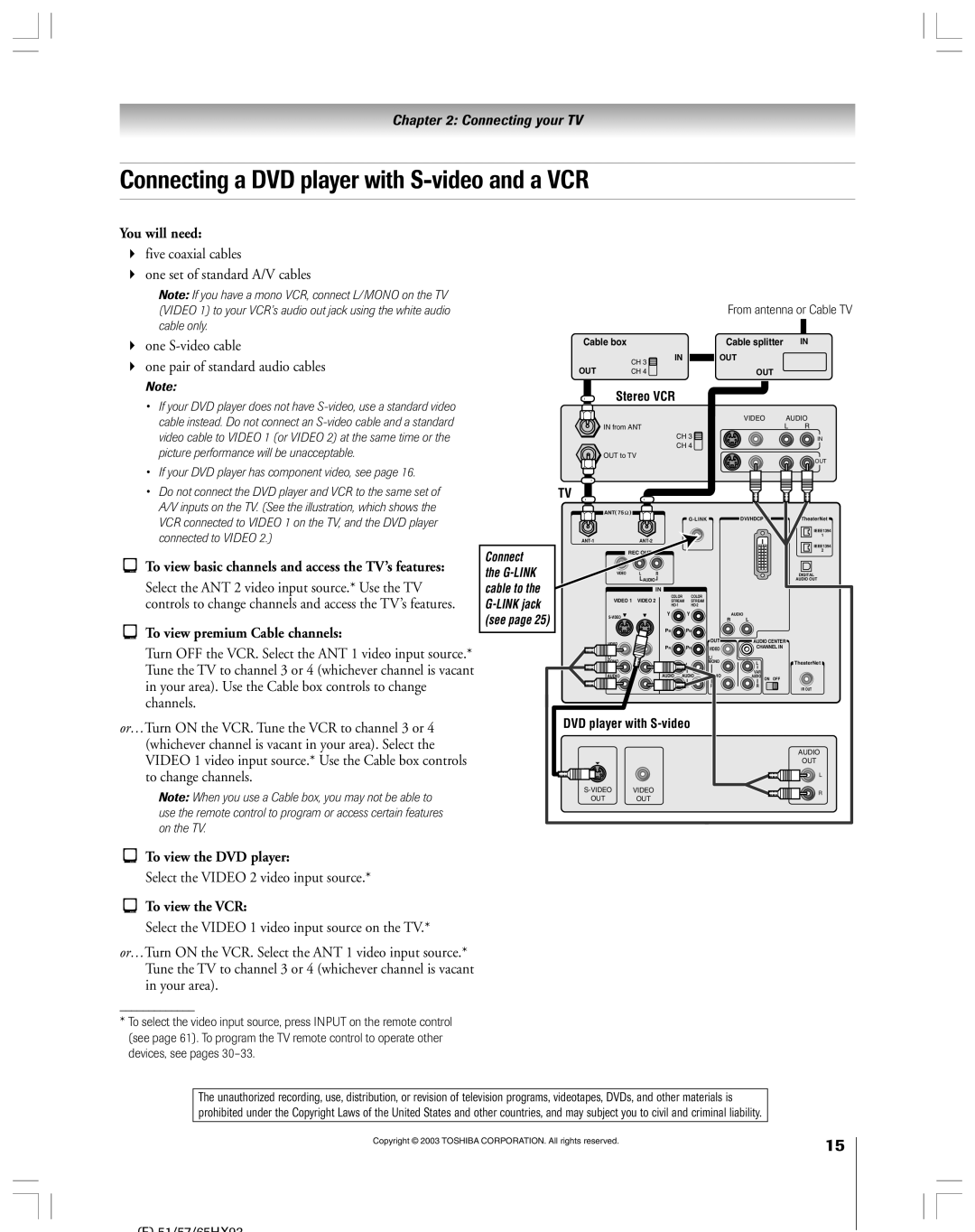 Toshiba 51HX93 Connecting a DVD player with S-video and a VCR, To view premium Cable channels, To view the DVD player 