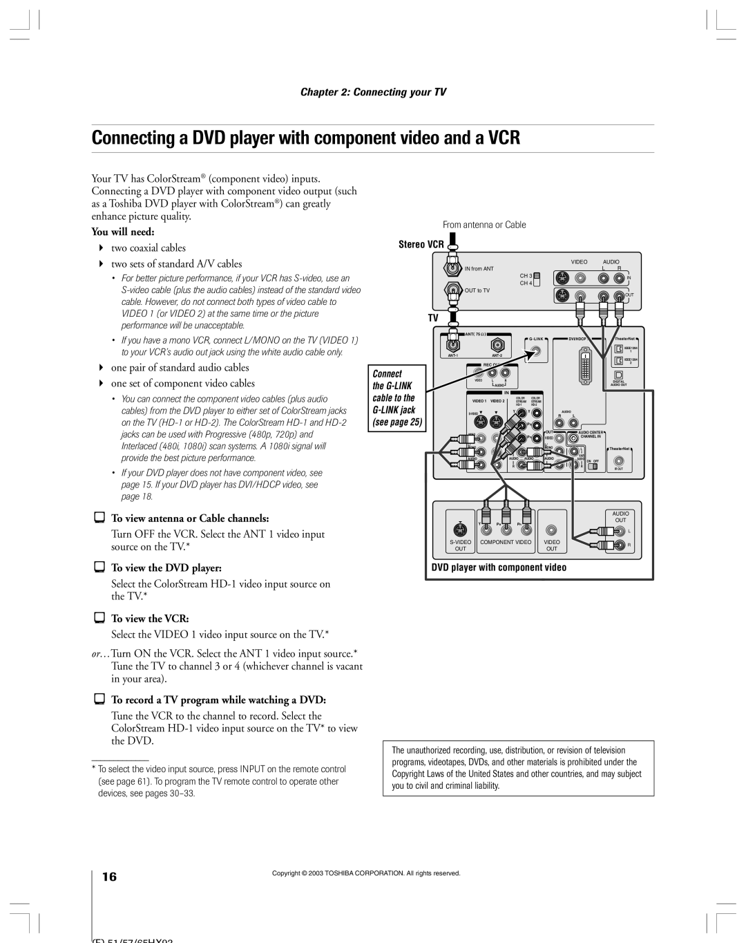 Toshiba 51HX93 owner manual Connecting a DVD player with component video and a VCR, To view antenna or Cable channels 