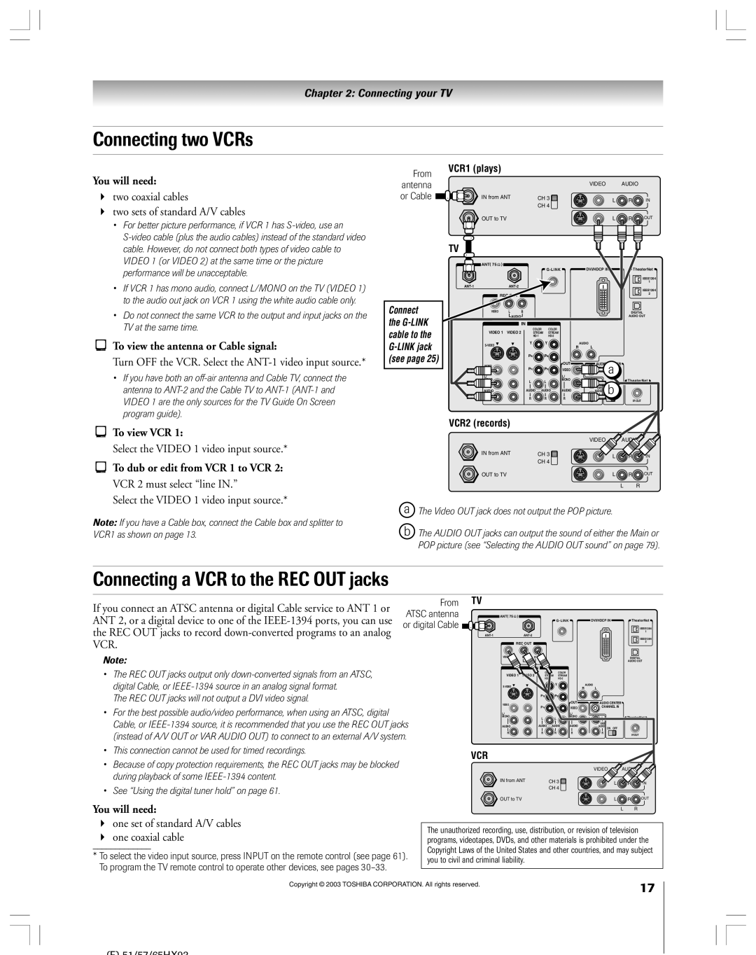 Toshiba 51HX93 owner manual Connecting two VCRs, Connecting a VCR to the REC OUT jacks 