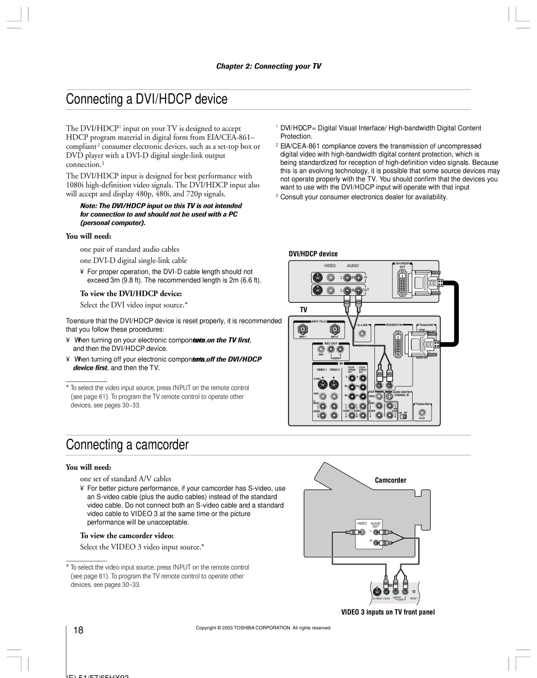 Toshiba 51HX93 owner manual Connecting a DVI/HDCP device, Connecting a camcorder, To view the camcorder video 