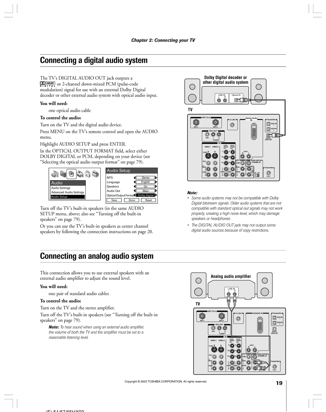 Toshiba 51HX93 owner manual Connecting a digital audio system, Connecting an analog audio system, One optical audio cable 