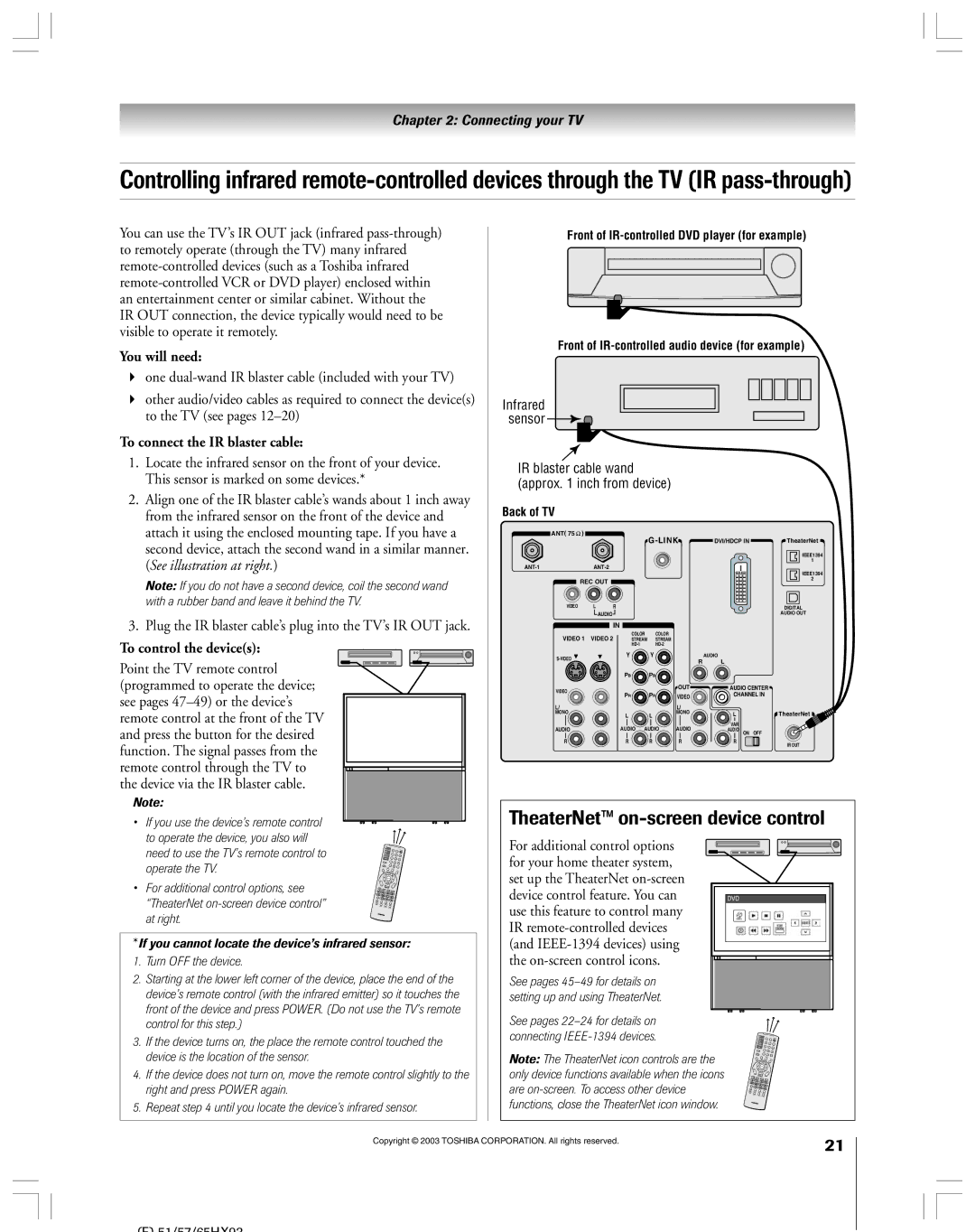 Toshiba 51HX93 To connect the IR blaster cable, To control the devices, IEEE-1394 devices using On-screen control icons 