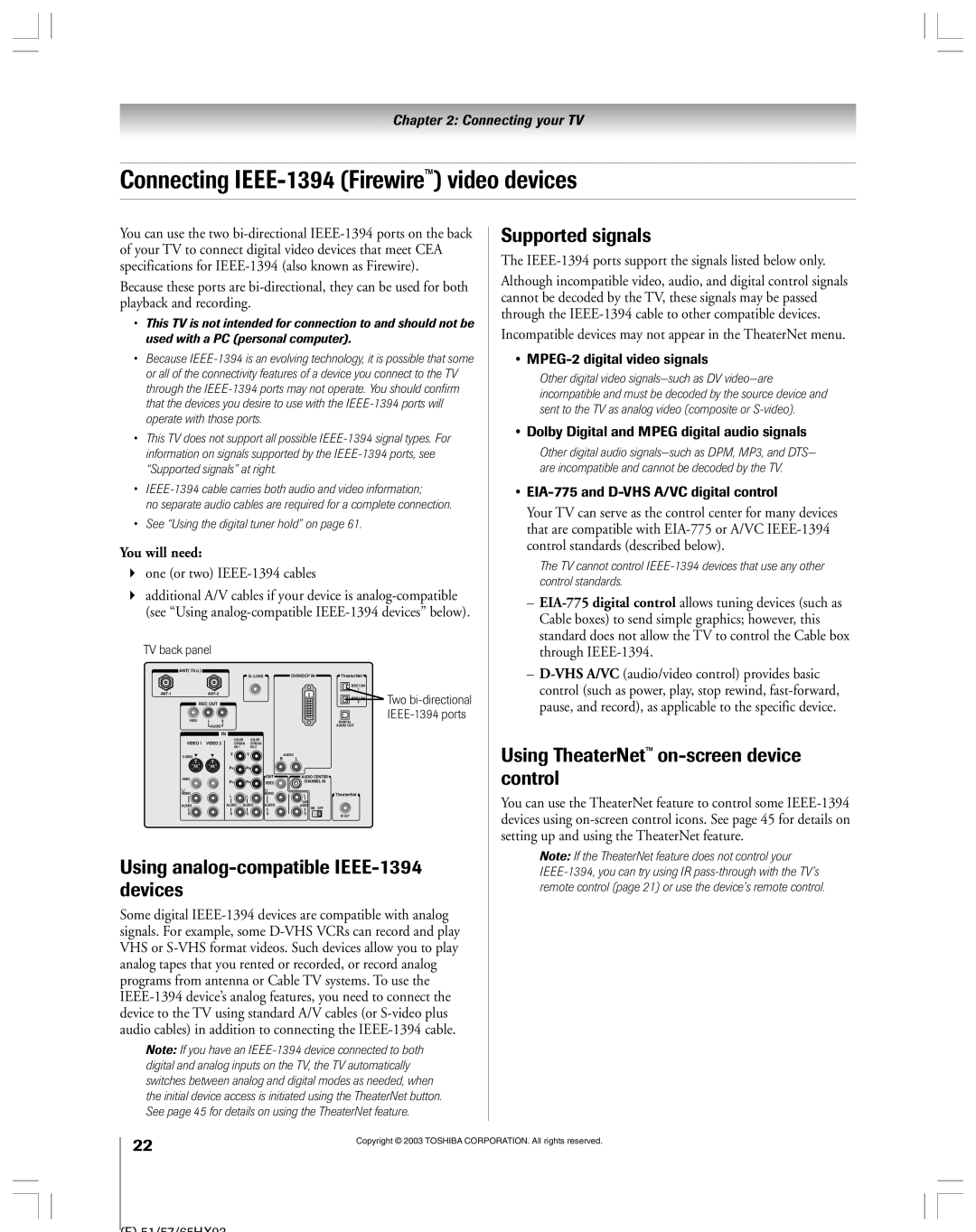 Toshiba 51HX93 Connecting IEEE-1394 Firewire video devices, Using analog-compatible IEEE-1394 devices, Supported signals 