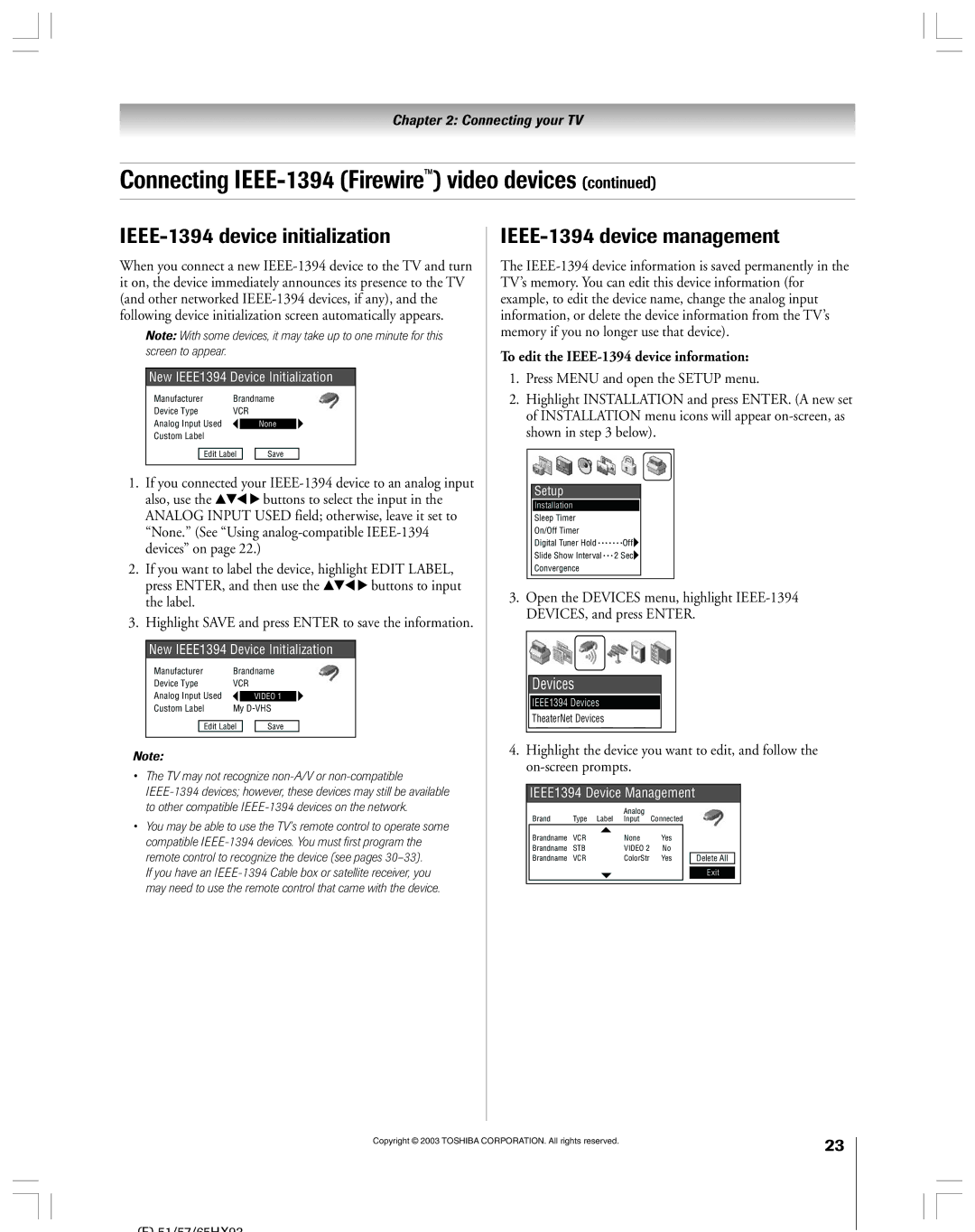 Toshiba 51HX93 IEEE-1394 device initialization, IEEE-1394 device management, To edit the IEEE-1394 device information 