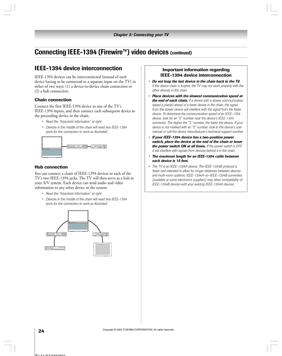 Toshiba 51HX93 owner manual IEEE-1394 device interconnection, Chain connection, Hub connection 