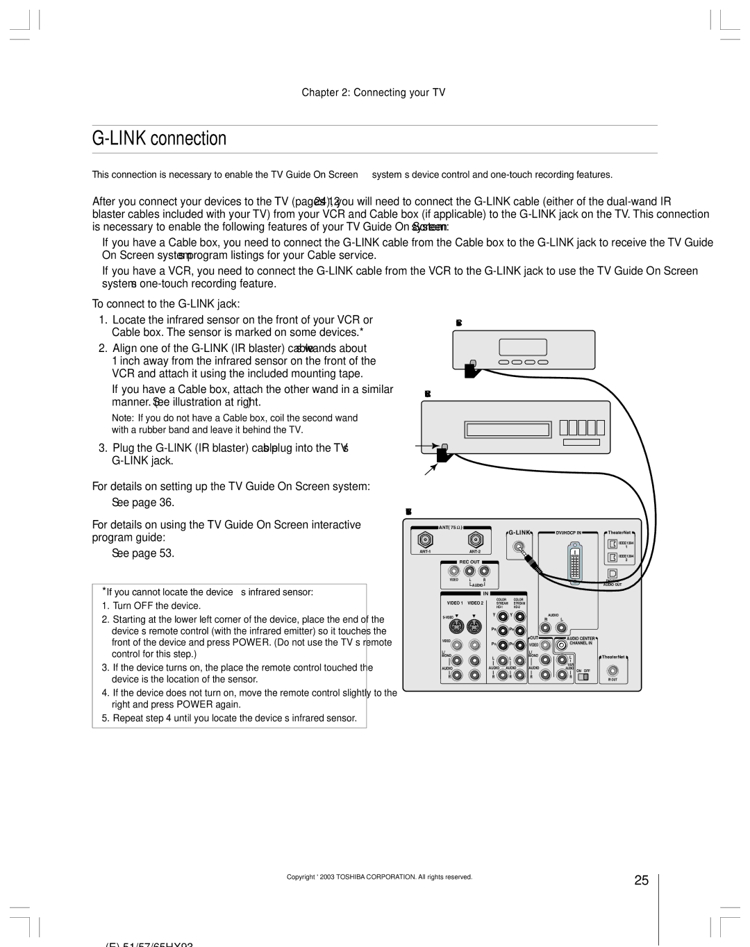 Toshiba 51HX93 owner manual Link connection, To connect to the G-LINK jack, See 