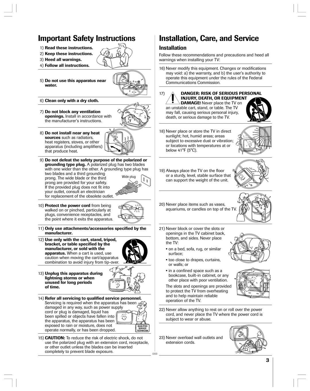 Toshiba 51HX93 owner manual Important Safety Instructions, Installation, Care, and Service 