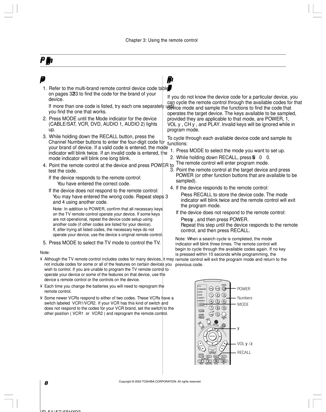 Toshiba 51HX93 owner manual Device code setup, Searching and sampling the code of a device 