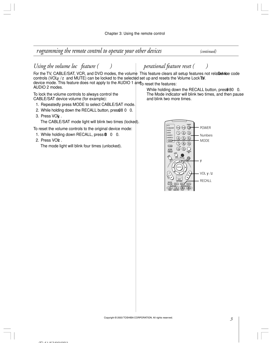 Toshiba 51HX93 Using the volume lock feature, Operational feature reset, Repeatedly press Mode to select CABLE/SAT mode 