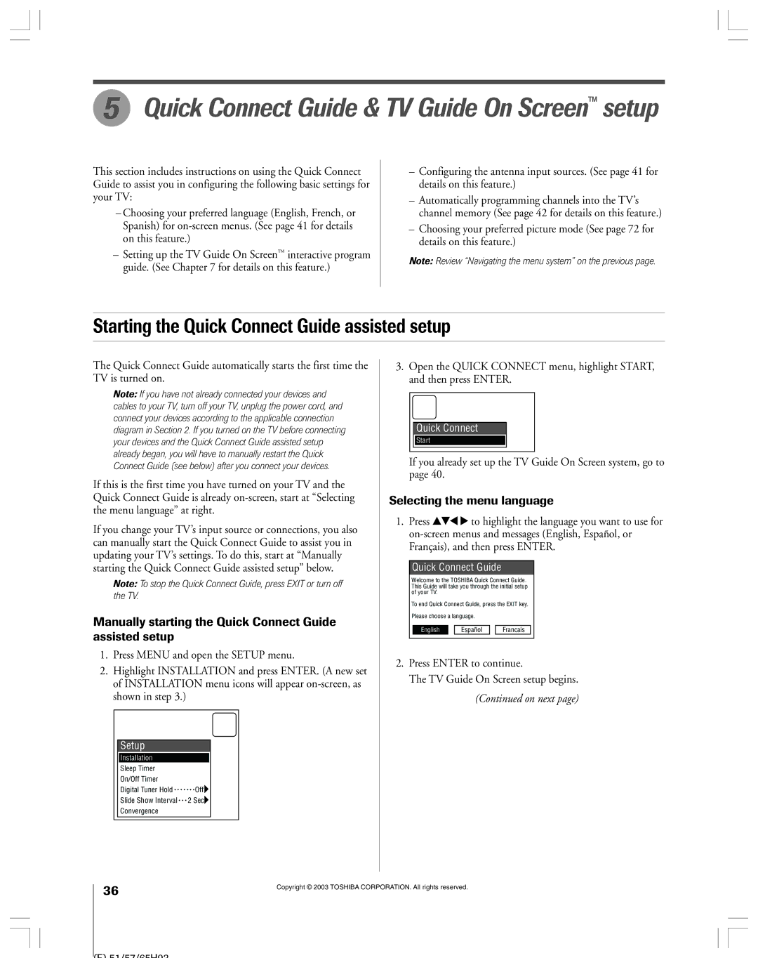 Toshiba 51HX93 Starting the Quick Connect Guide assisted setup, Manually starting the Quick Connect Guide assisted setup 