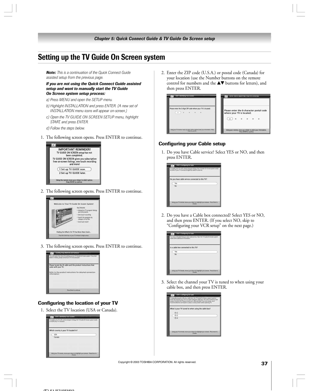 Toshiba 51HX93 Setting up the TV Guide On Screen system, Configuring the location of your TV, Configuring your Cable setup 