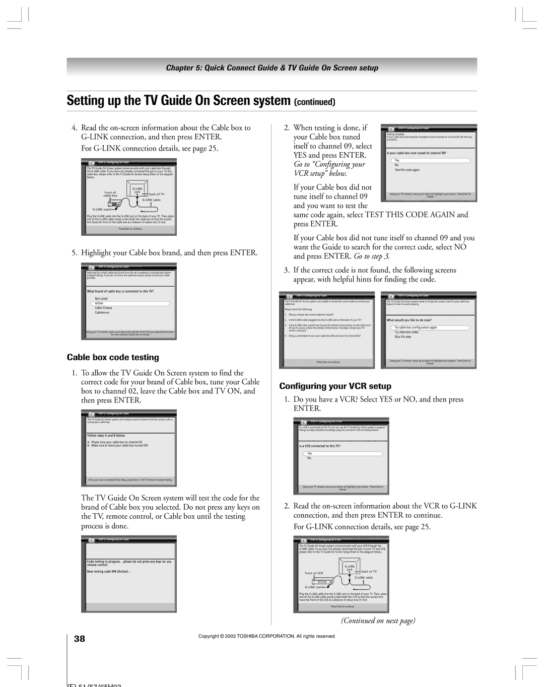 Toshiba 51HX93 Cable box code testing, Configuring your VCR setup, Do you have a VCR? Select YES or NO, and then press 