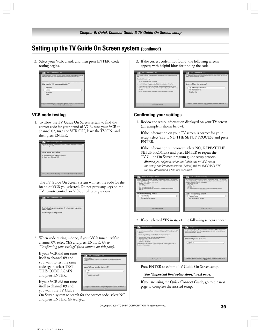 Toshiba 51HX93 owner manual VCR code testing, Confirming your settings, See Important final setup steps, next 