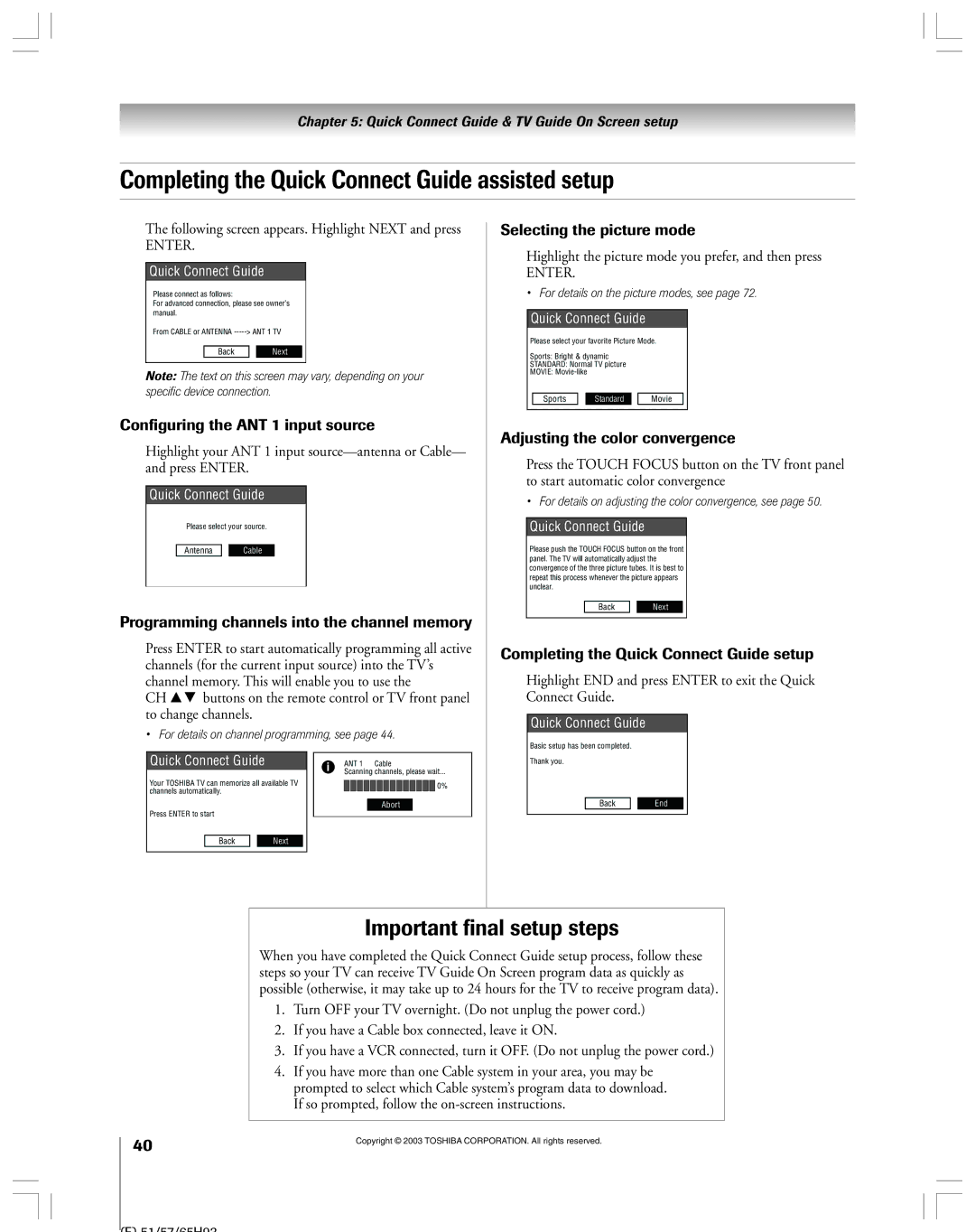 Toshiba 51HX93 owner manual Completing the Quick Connect Guide assisted setup, Important final setup steps 