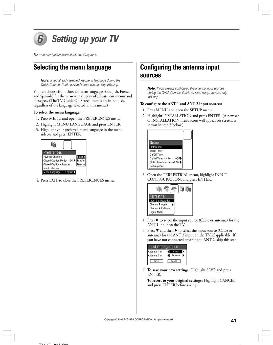 Toshiba 51HX93 owner manual Setting up your TV, Selecting the menu language, Configuring the antenna input sources 